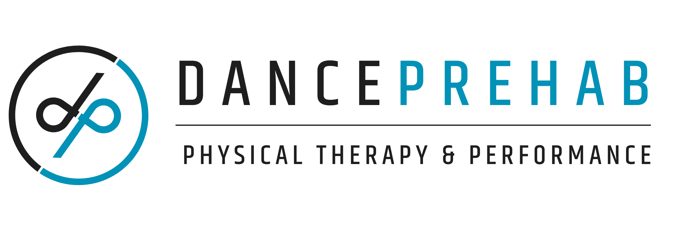 Logo for Dance Prehab, featuring a stylized letter 'd' and 'p' within a circle, with the words 'DANCE PREHAB' in bold text above and 'PHYSICAL THERAPY & PERFORMANCE' below.